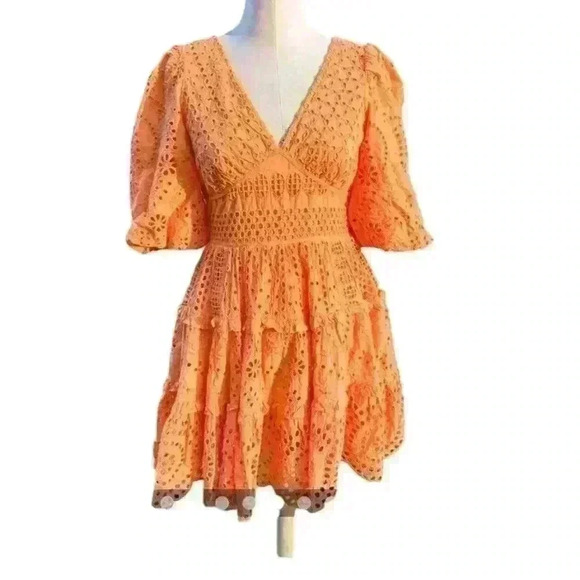 Cynthia RowleyWomen's Coral Cotton Eyelet Lace Mini Dress Size: 8, 10 and 14 - Picture 1 of 5